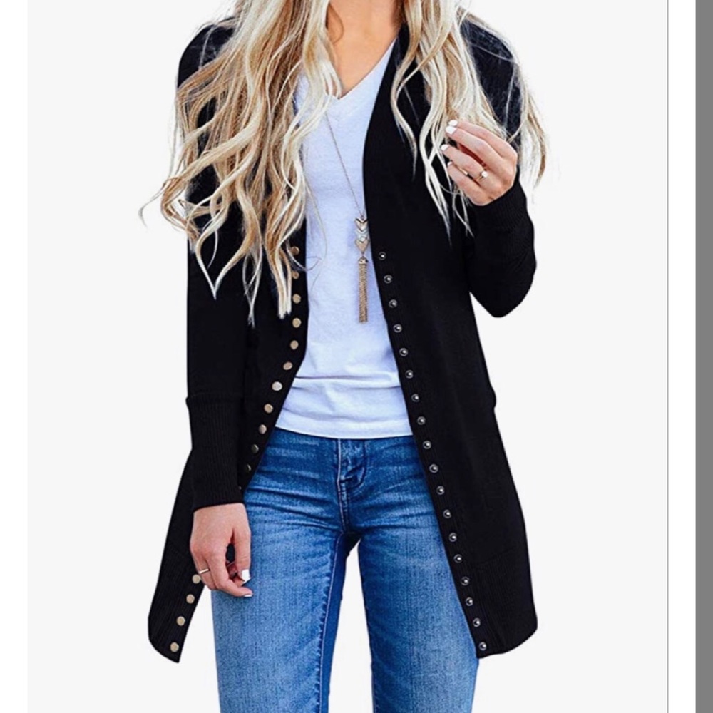 Long Sleeve Snap Button Down Solid Color Knit Rib… - image 3